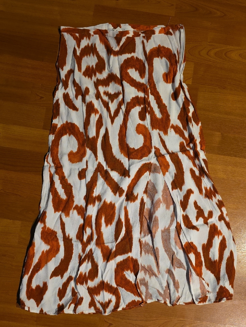 White & Rust Orange Patterned Strapless Dress